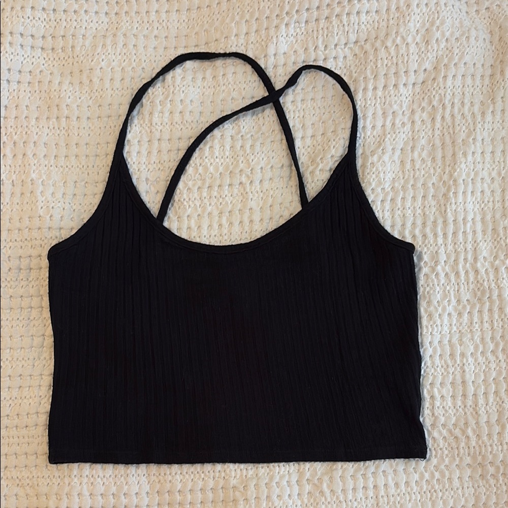 A+ Ellen Black Ribbed Cross-Strap Cropped Camisole